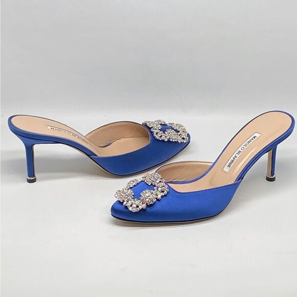 Manolo Blahnik Satin Blue Mules with Crystal Accent - Picture 6 of 13